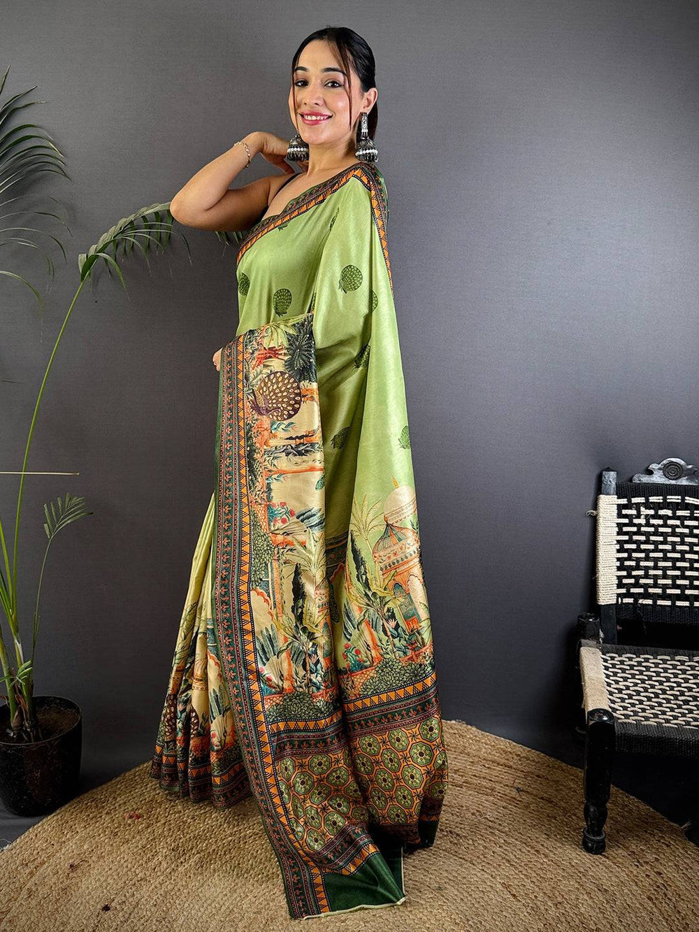 Light Green Printed Silk Saree with Traditional Artwork & Designer Border