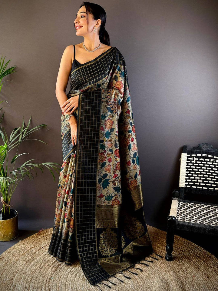 Black Floral & Checkered Banarasi Silk Saree for Women