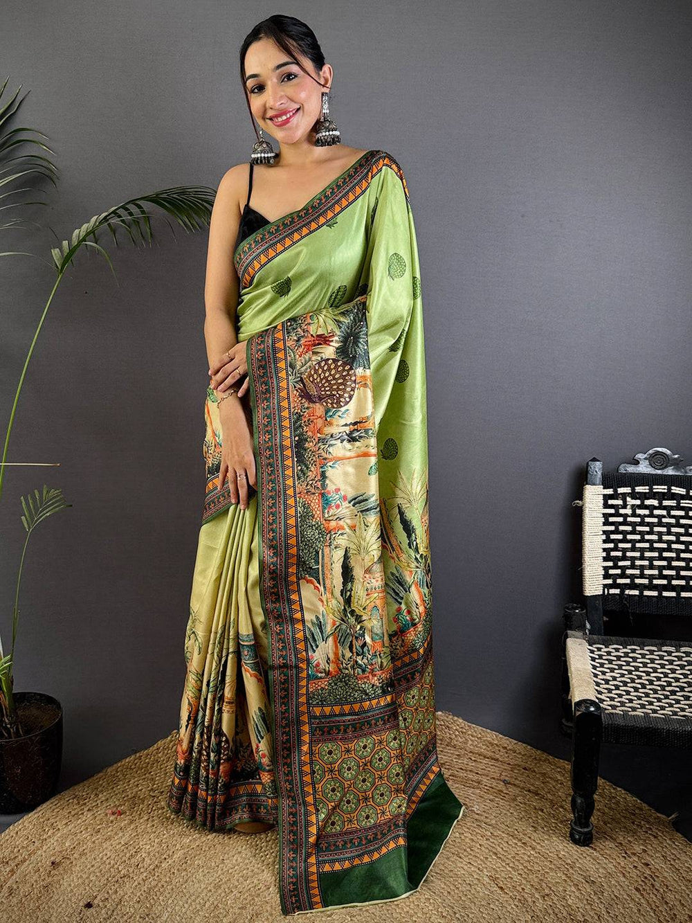 Light Green Printed Silk Saree with Traditional Artwork & Designer Border
