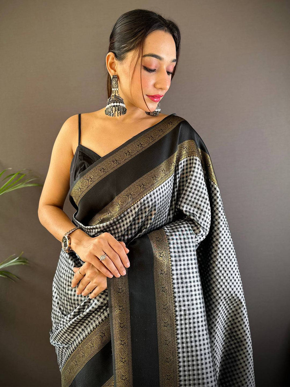 Black & White Checkered Banarasi Silk Saree for Women