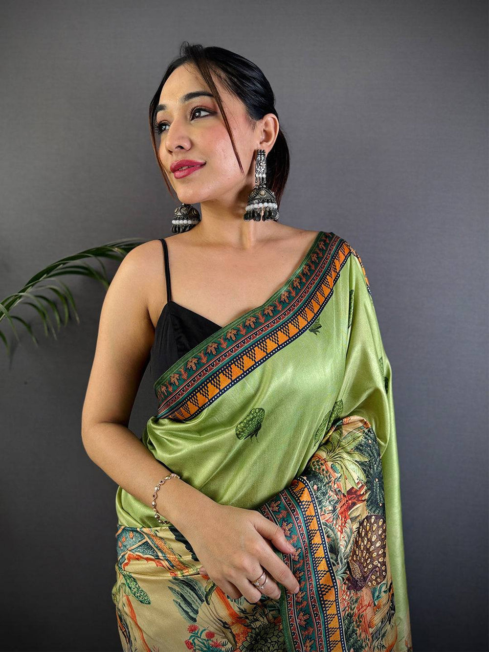 Light Green Printed Silk Saree with Traditional Artwork & Designer Border
