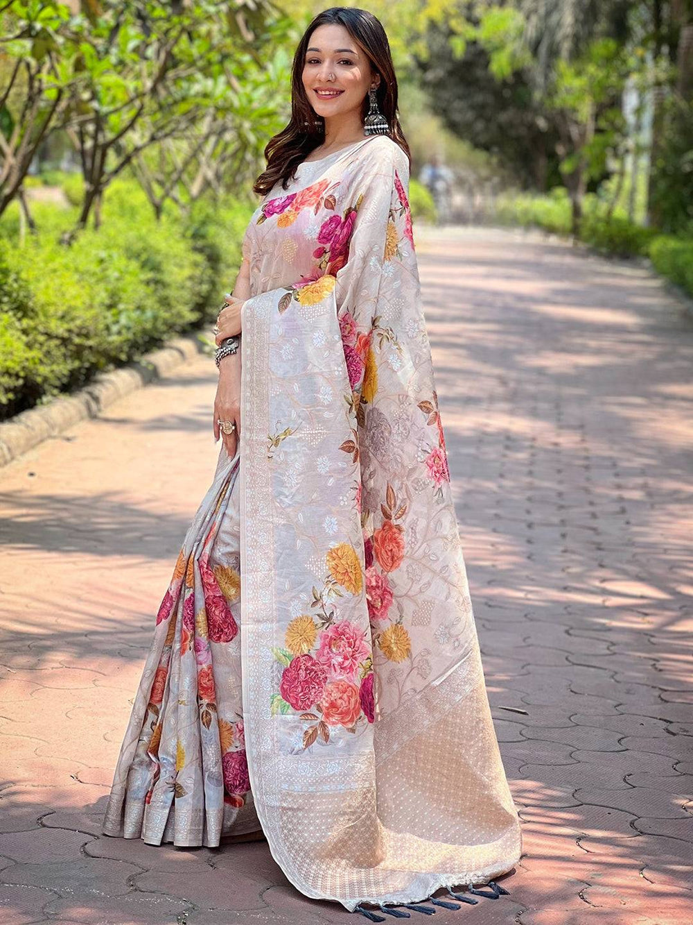 Ivory Floral Printed Silk Saree for Women
