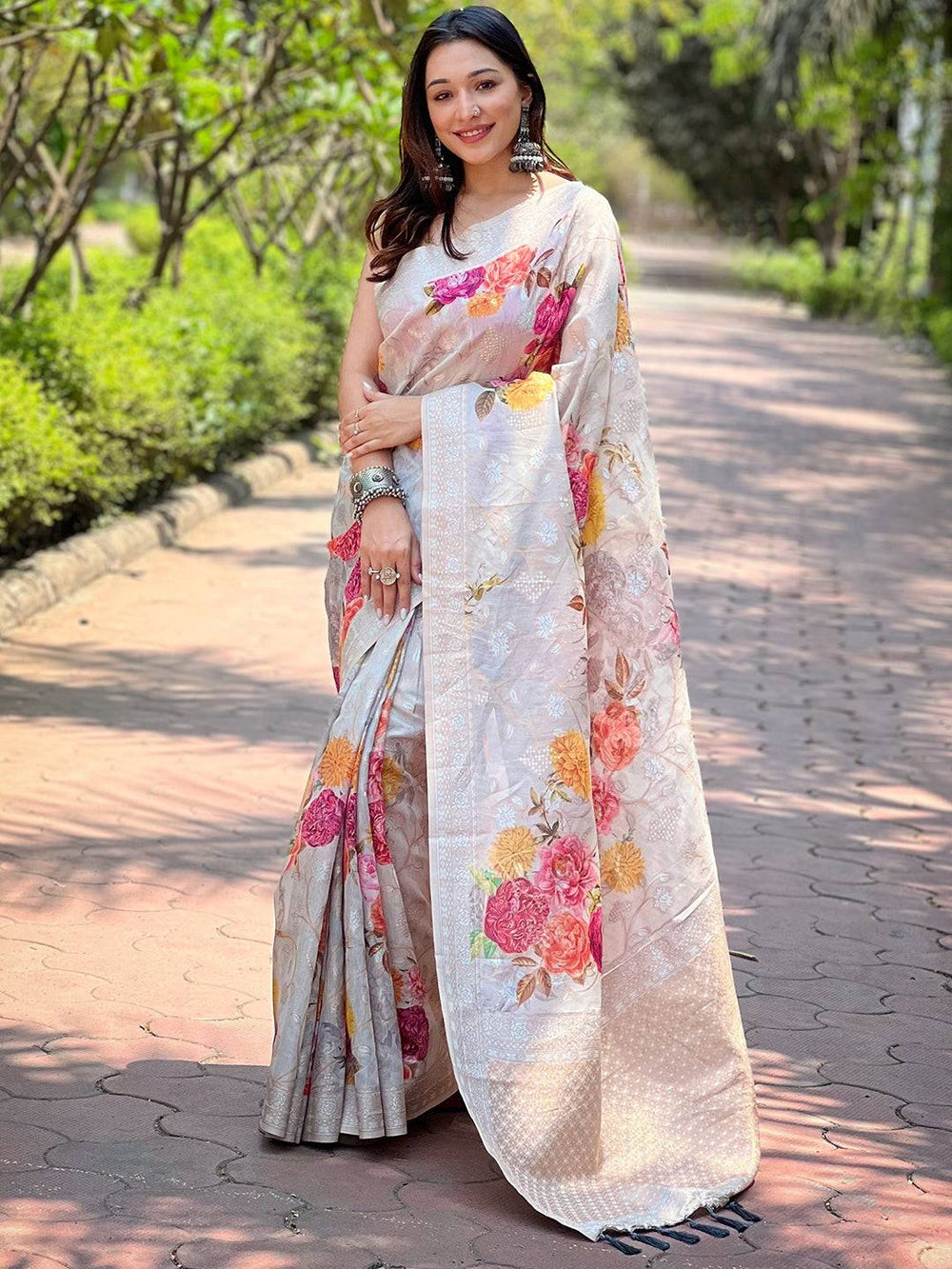 Ivory Floral Printed Silk Saree for Women