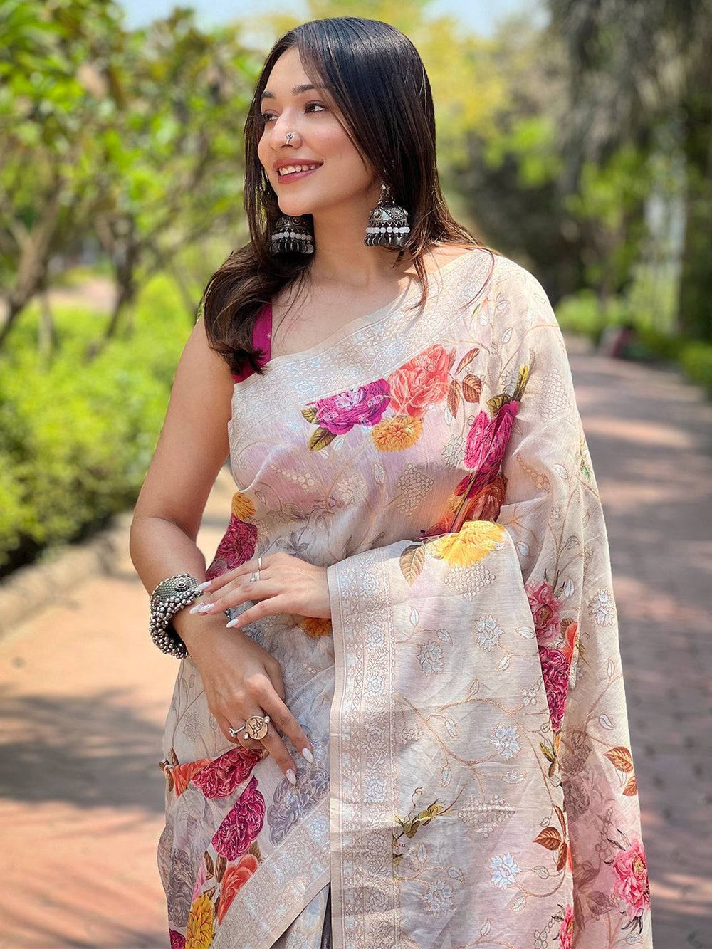 Ivory Floral Printed Silk Saree for Women