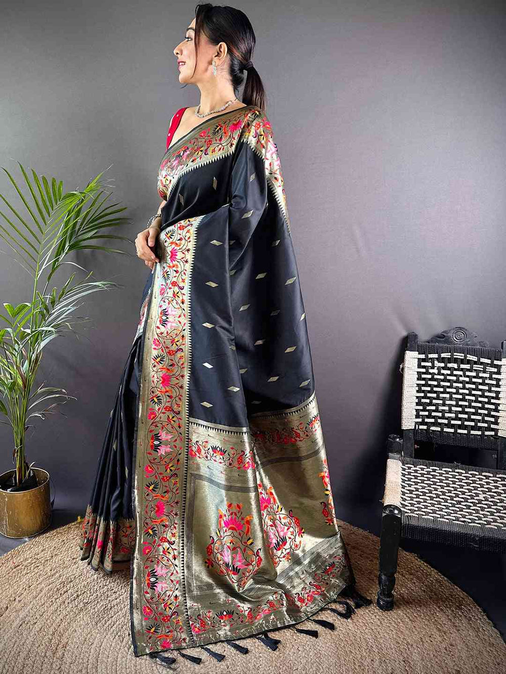 Black Banarasi Silk Saree for Women