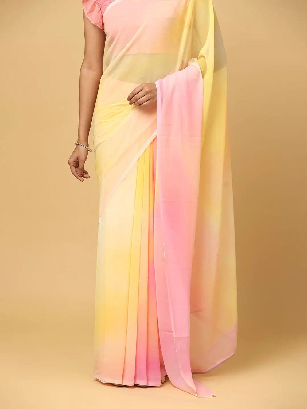 Pastel Pink & Yellow Ombre Georgette Saree for Women