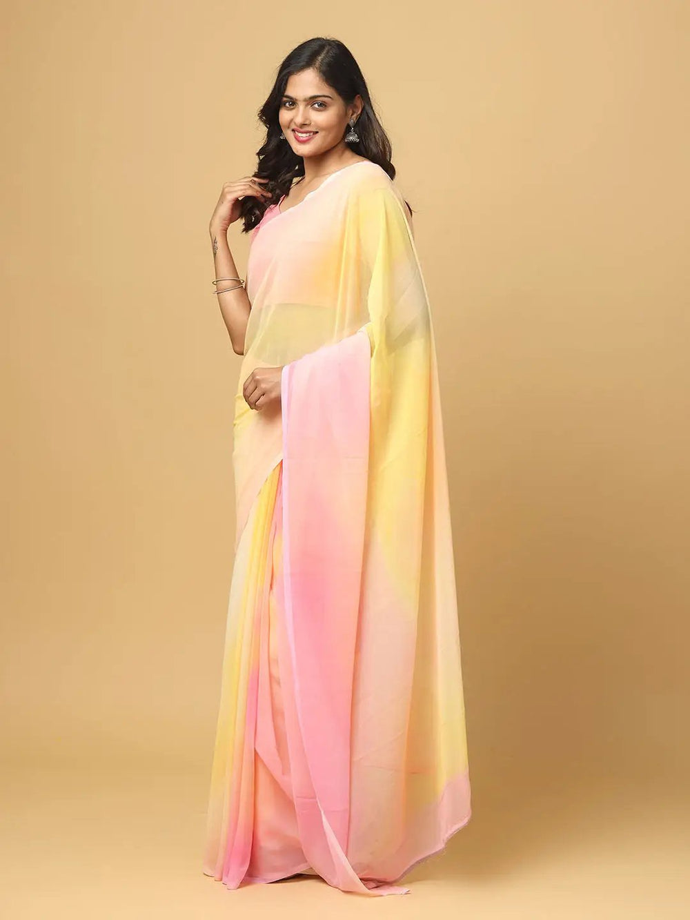 Pastel Pink & Yellow Ombre Georgette Saree for Women
