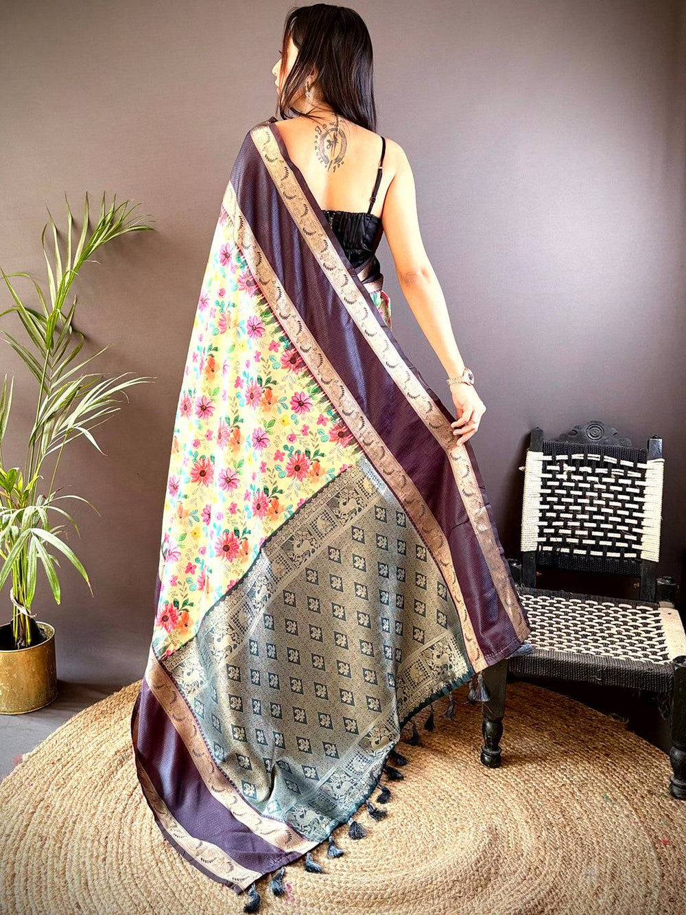 Purple & Cream Floral Banarasi Silk Saree for Women