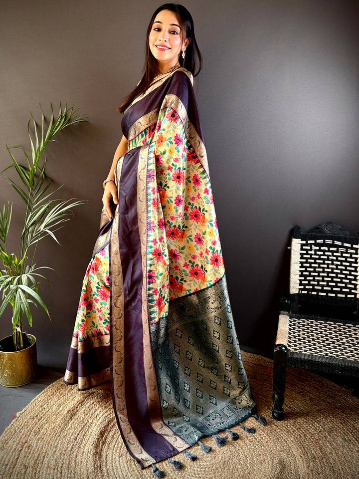 Purple & Cream Floral Banarasi Silk Saree for Women