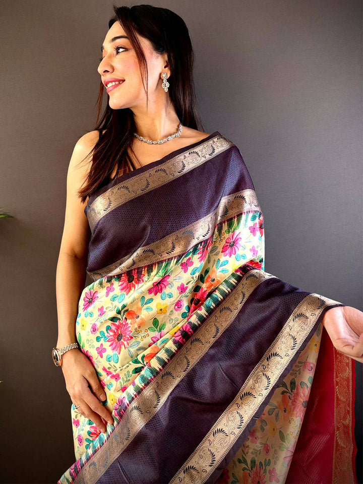 Purple & Cream Floral Banarasi Silk Saree for Women