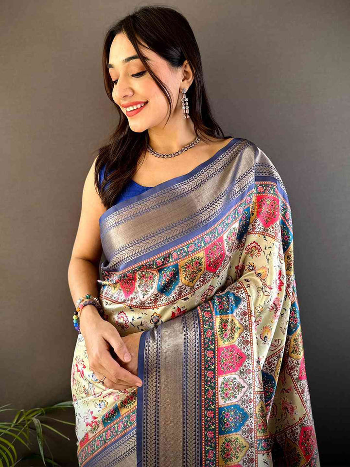 Grey & Cream Patola Printed Silk Saree for Women