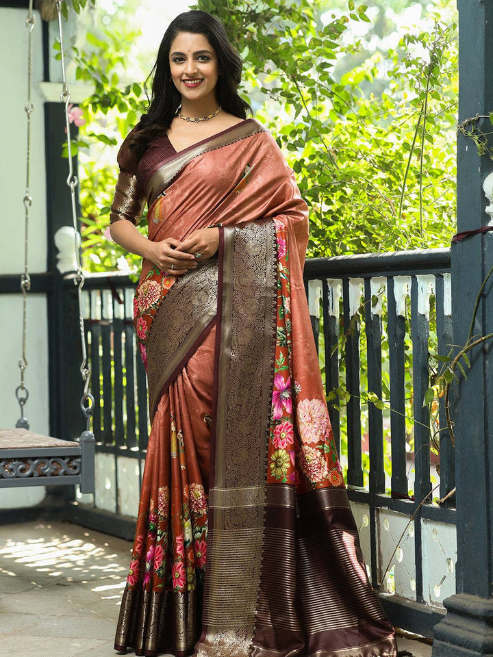 Copper Brown Floral Banarasi Silk Saree for Women