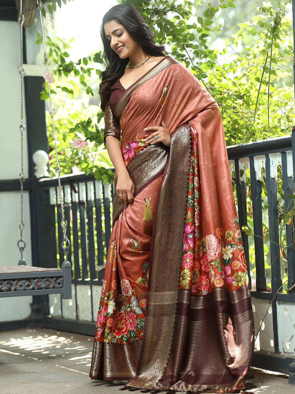 Copper Brown Floral Banarasi Silk Saree for Women