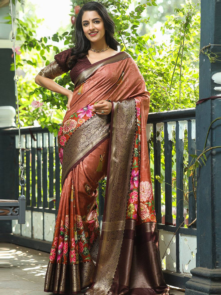 Copper Brown Floral Banarasi Silk Saree for Women
