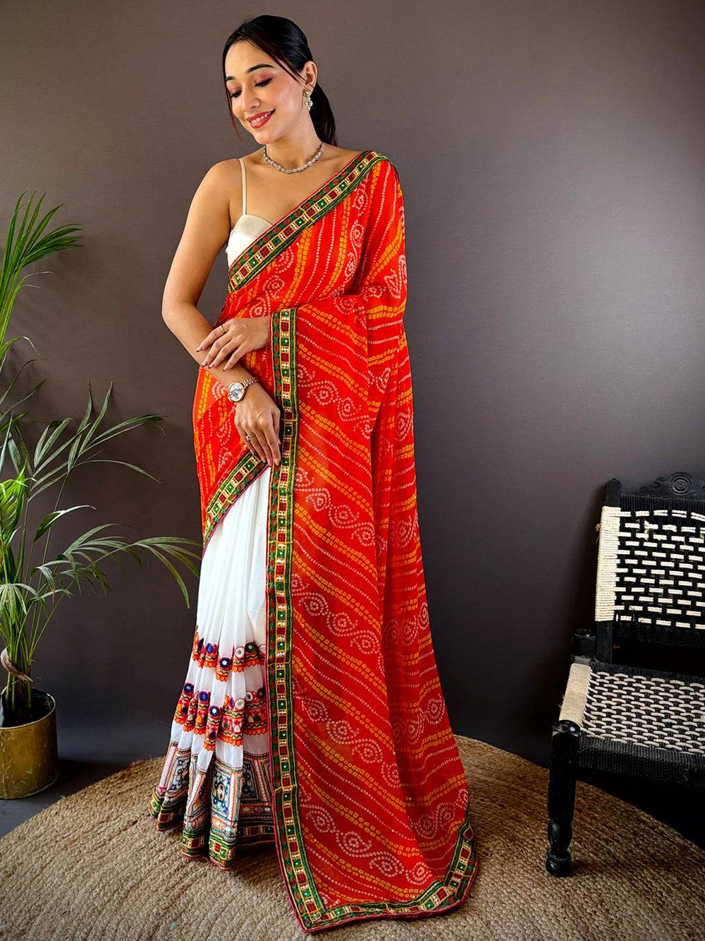 Red & White Bandhani Silk Saree for Women