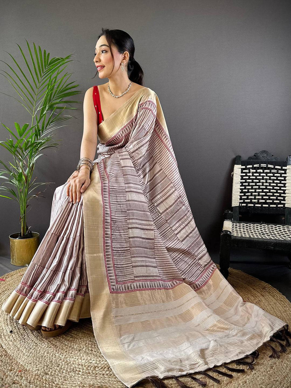 Beige & Maroon Linen Silk Saree for Women