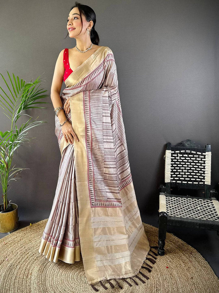 Beige & Maroon Linen Silk Saree for Women