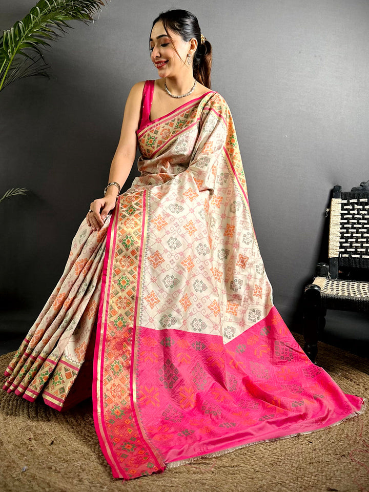 Cream & Pink Patola Silk Saree for Women