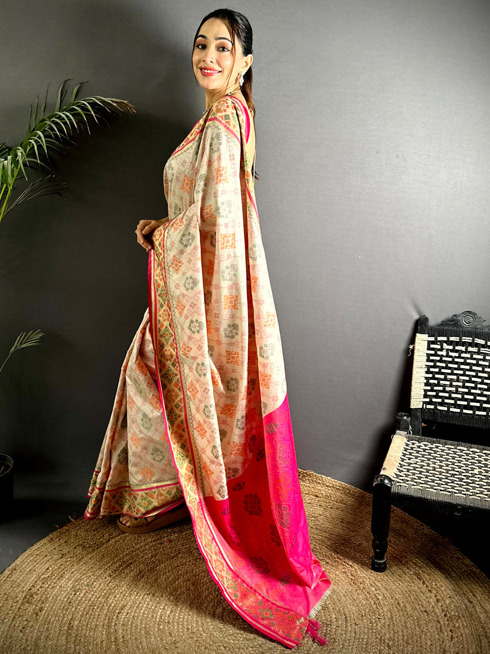 Cream & Pink Patola Silk Saree for Women