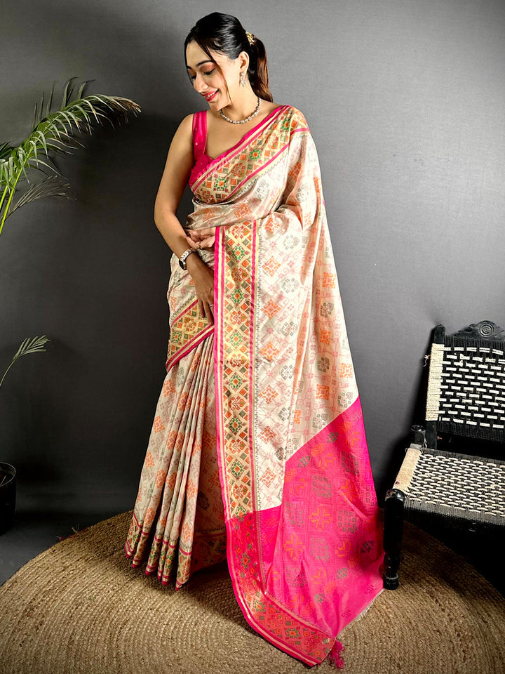 Cream & Pink Patola Silk Saree for Women