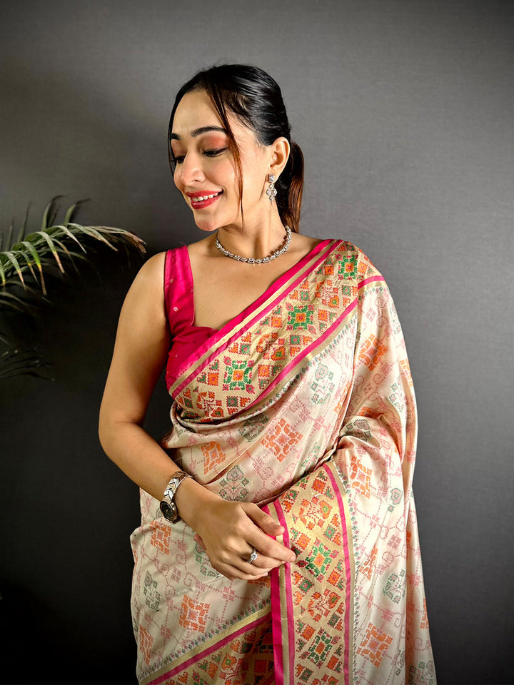 Cream & Pink Patola Silk Saree for Women