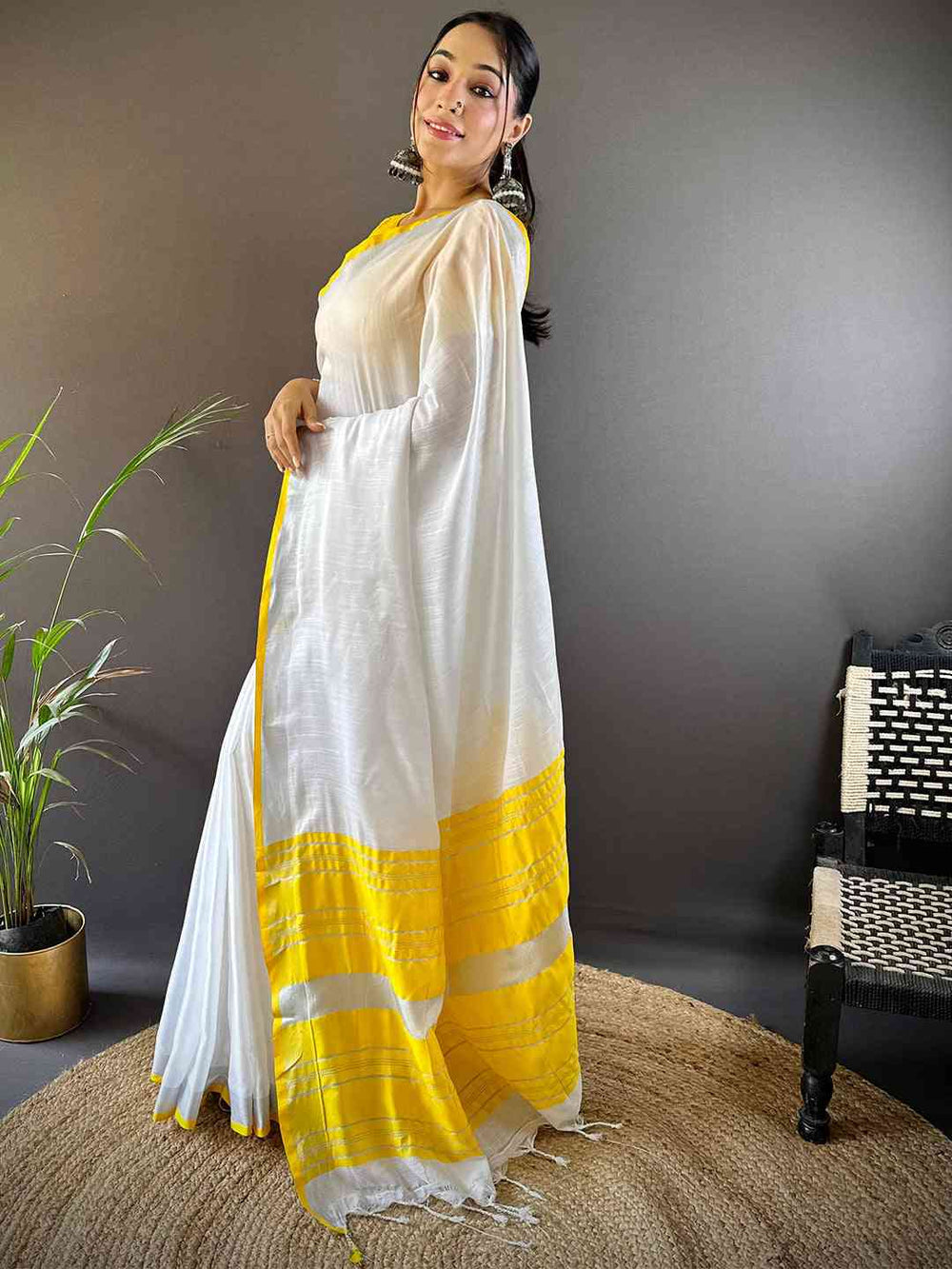White & Yellow Kerala Cotton Saree for Women
