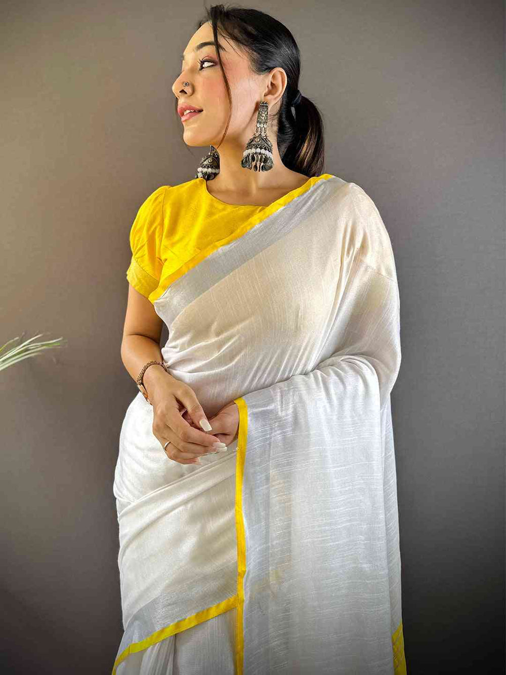 White & Yellow Kerala Cotton Saree for Women