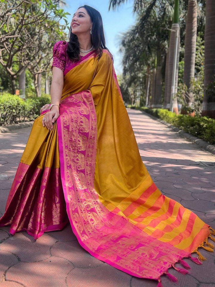 Mustard Yellow & Pink Kanjivaram Silk Saree for Women