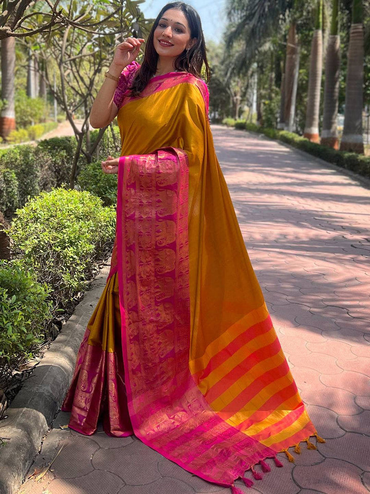 Mustard Yellow & Pink Kanjivaram Silk Saree for Women