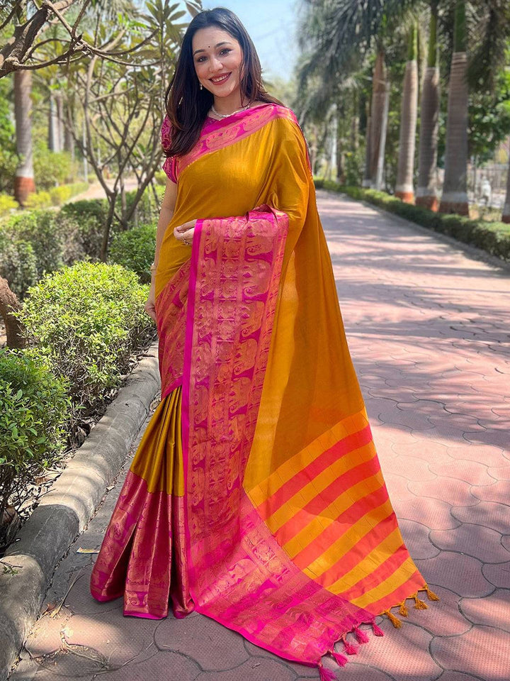 Mustard Yellow & Pink Kanjivaram Silk Saree for Women
