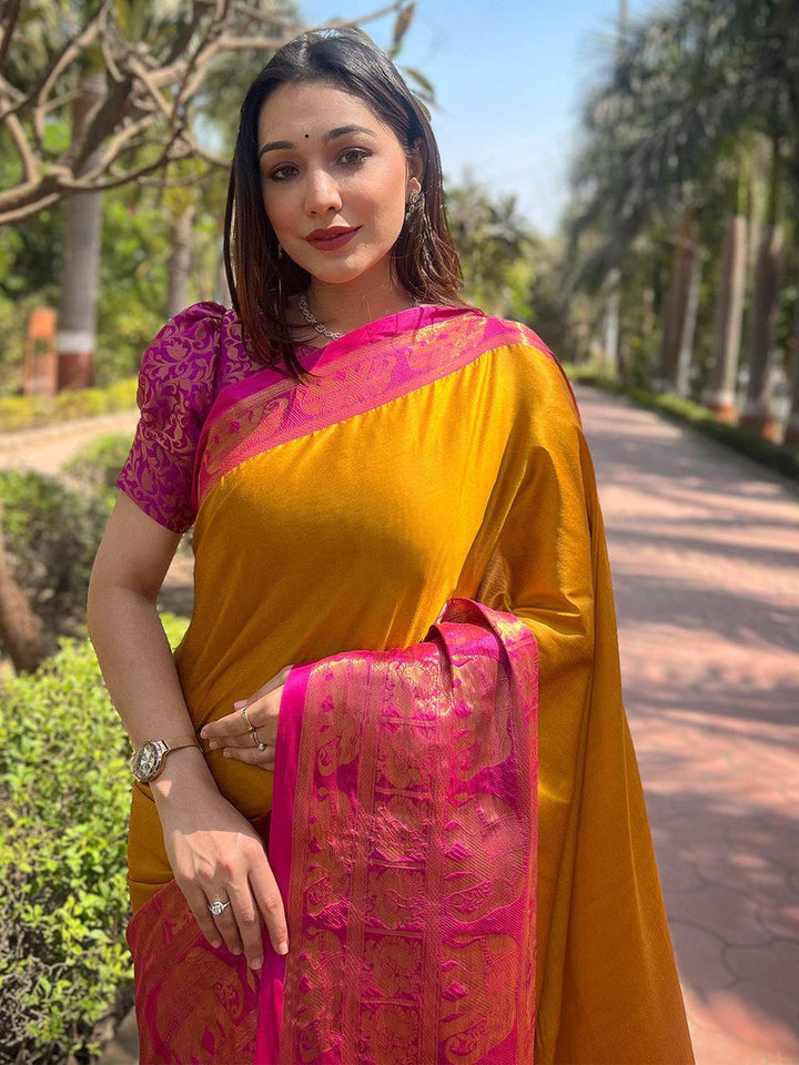 Mustard Yellow & Pink Kanjivaram Silk Saree for Women