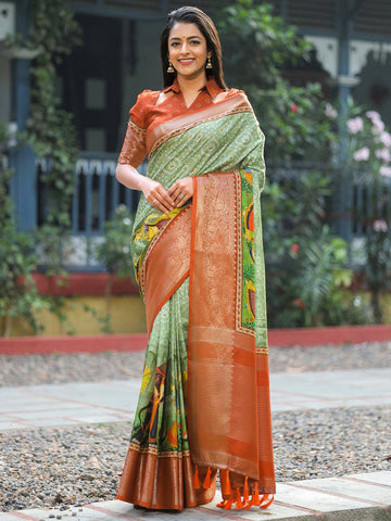 Green & Rust Traditional Digital Print Silk Saree for Women