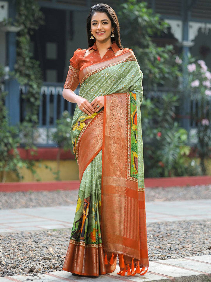 Green & Rust Traditional Digital Print Silk Saree for Women