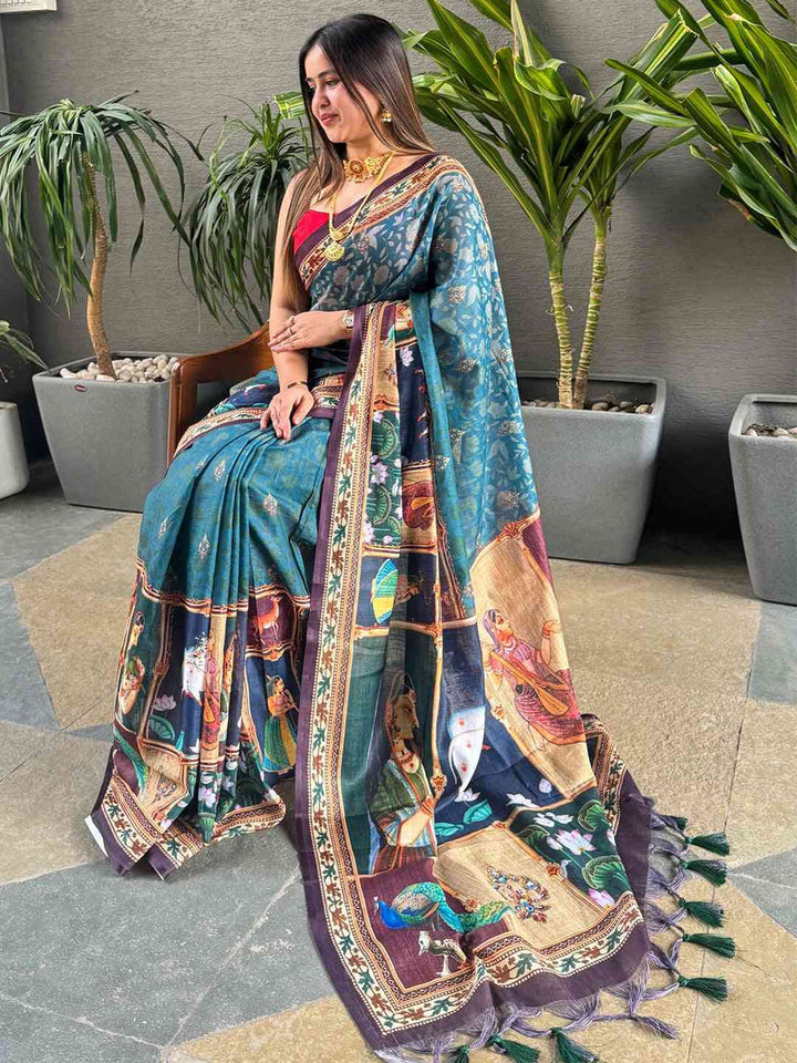 Teal Blue Traditional Digital Print Silk Saree for Women