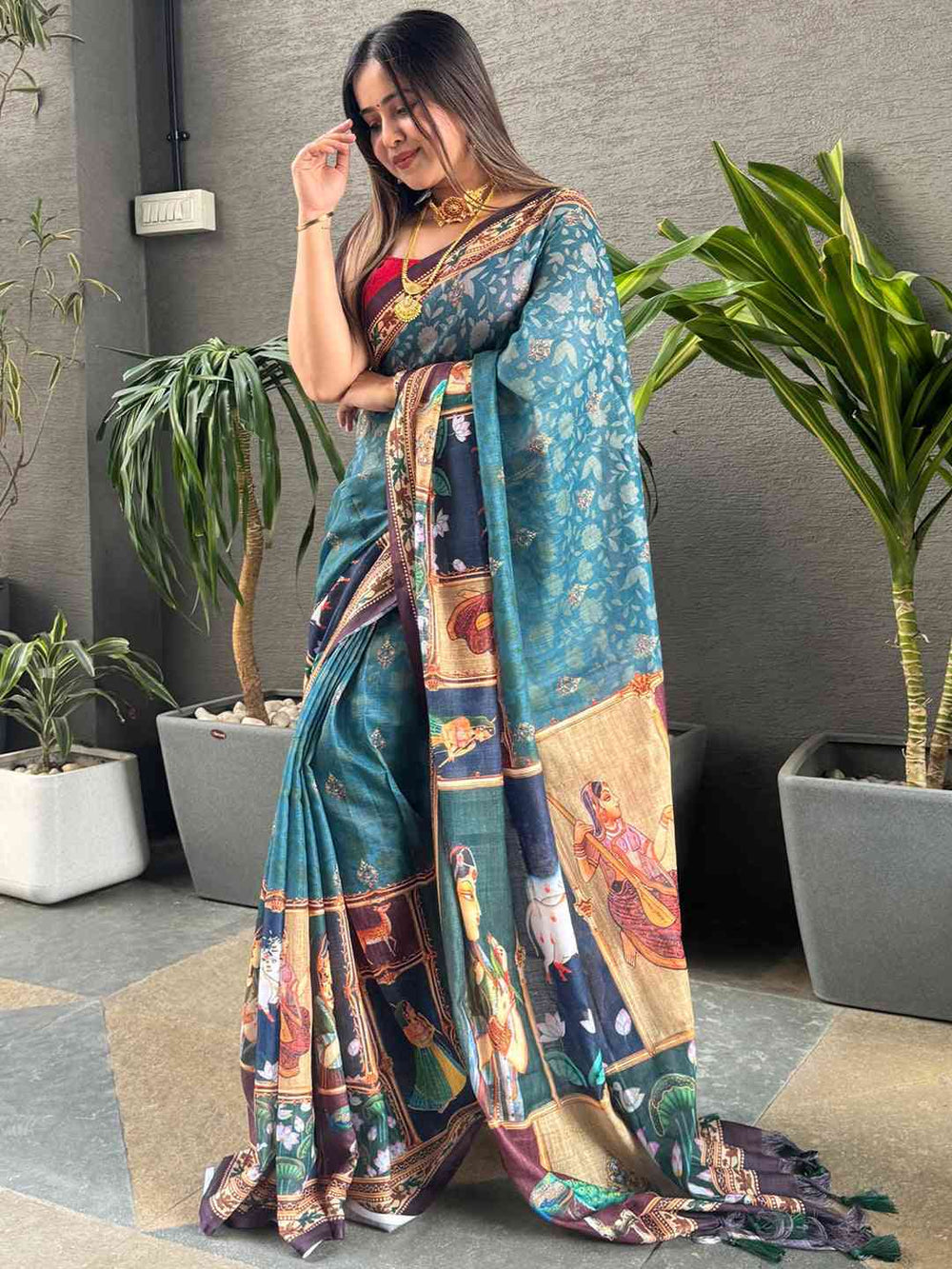 Teal Blue Traditional Digital Print Silk Saree for Women
