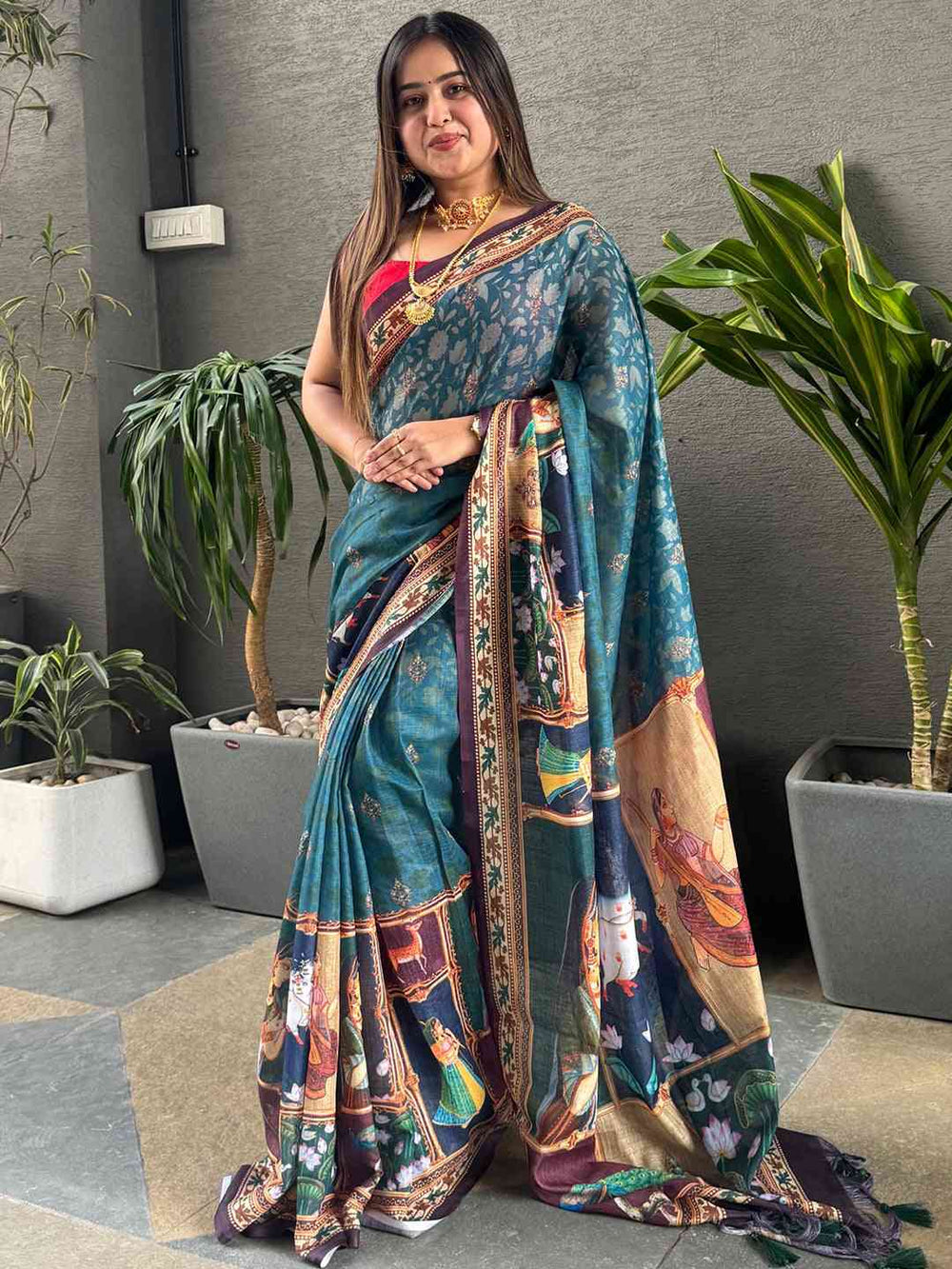 Teal Blue Traditional Digital Print Silk Saree for Women