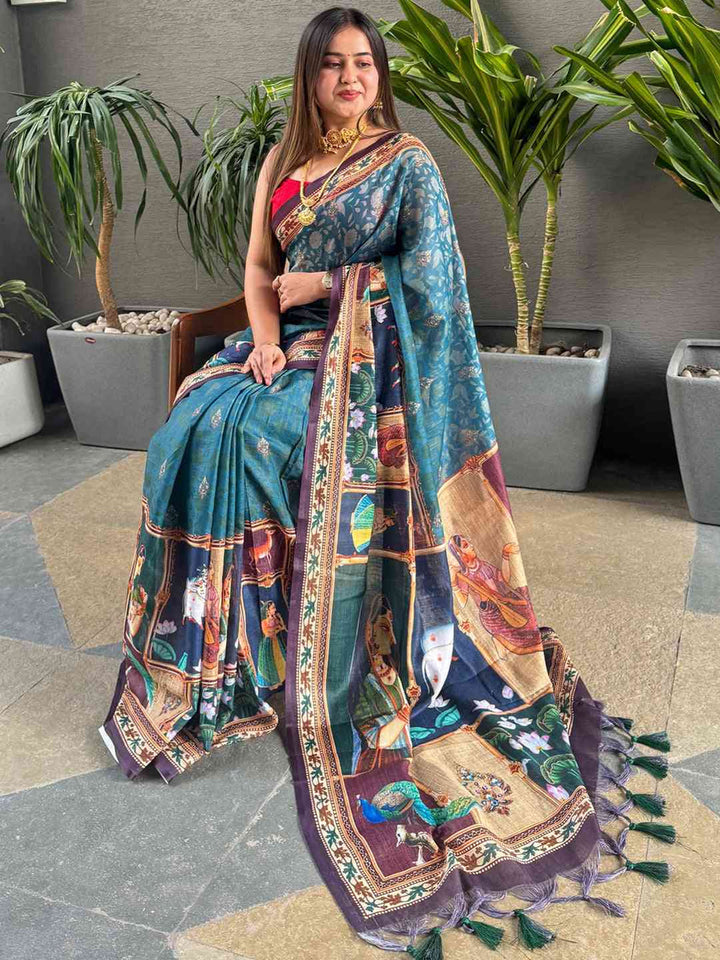 Teal Blue Traditional Digital Print Silk Saree for Women