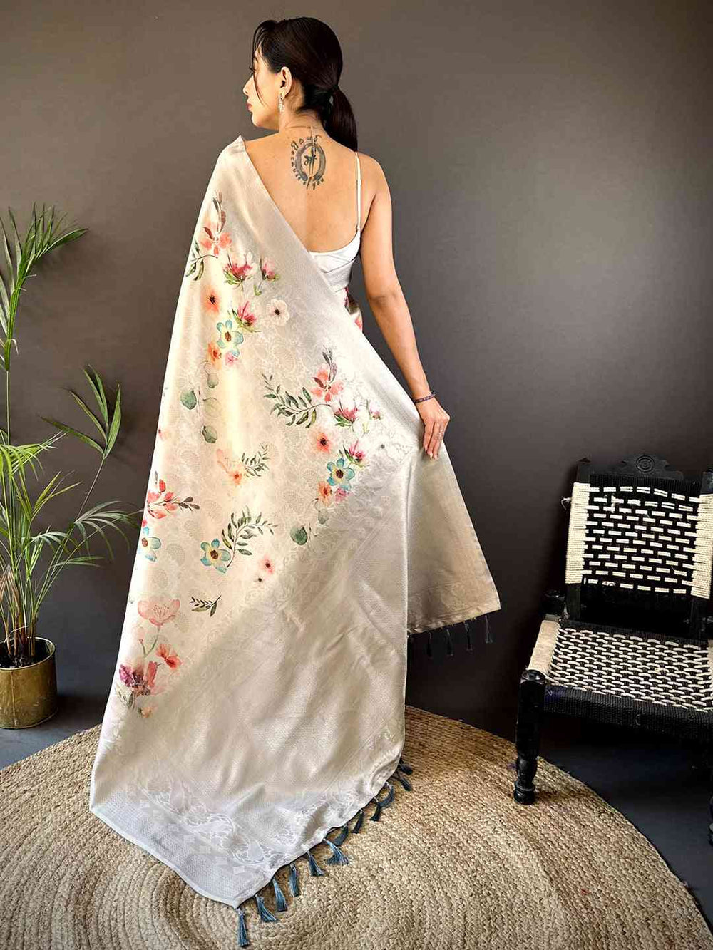 Elegant Off White Floral Satin Silk Saree for Women