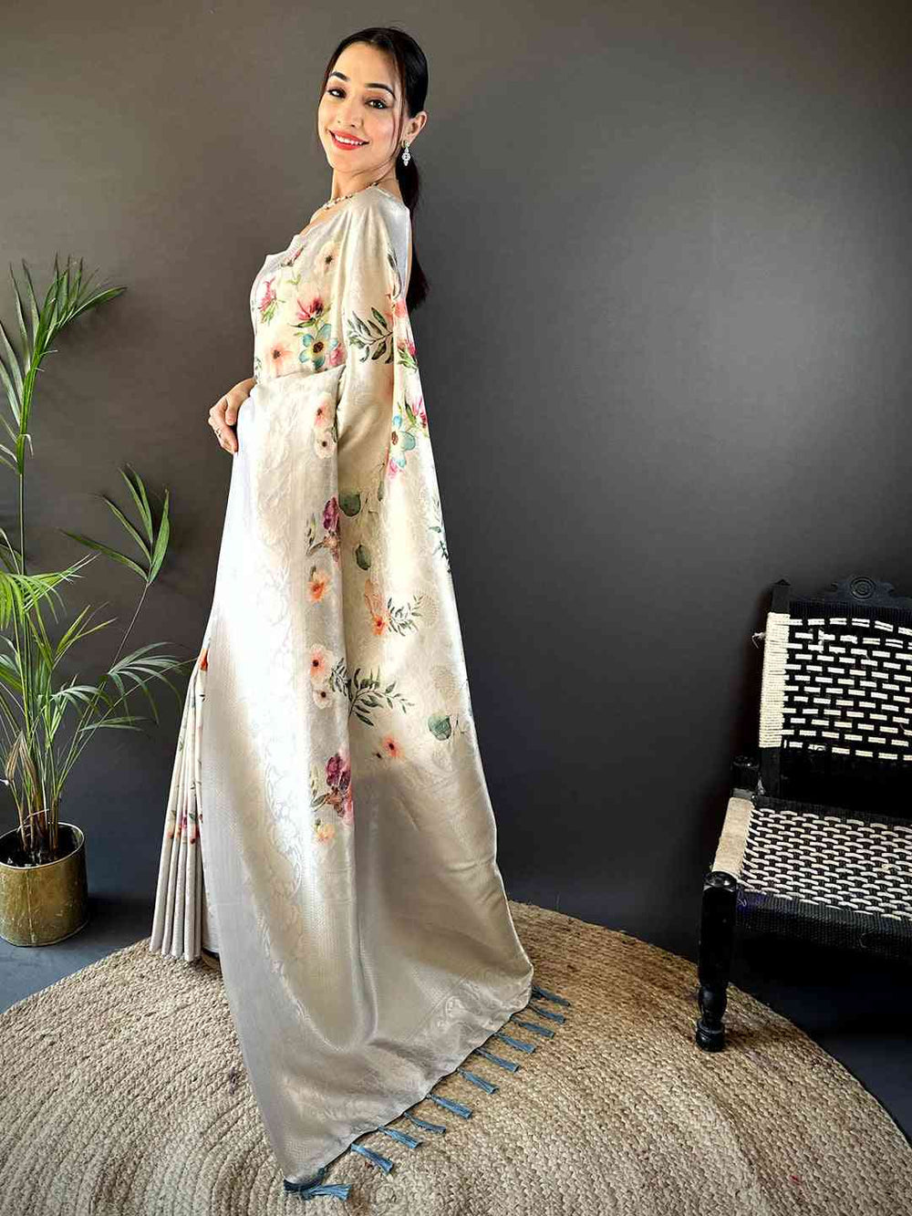 Elegant Off White Floral Satin Silk Saree for Women