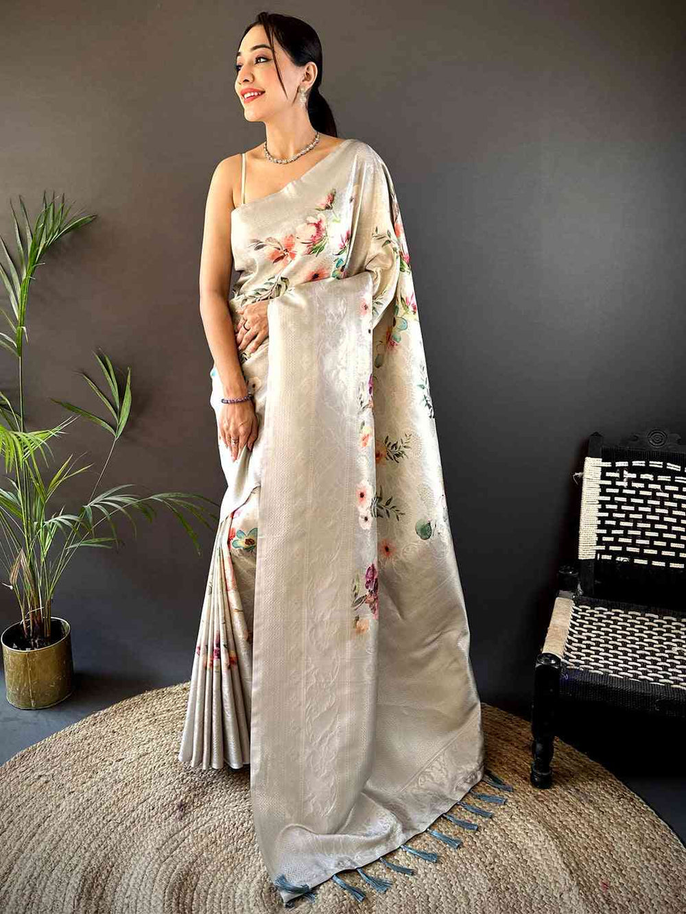 Elegant Off White Floral Satin Silk Saree for Women
