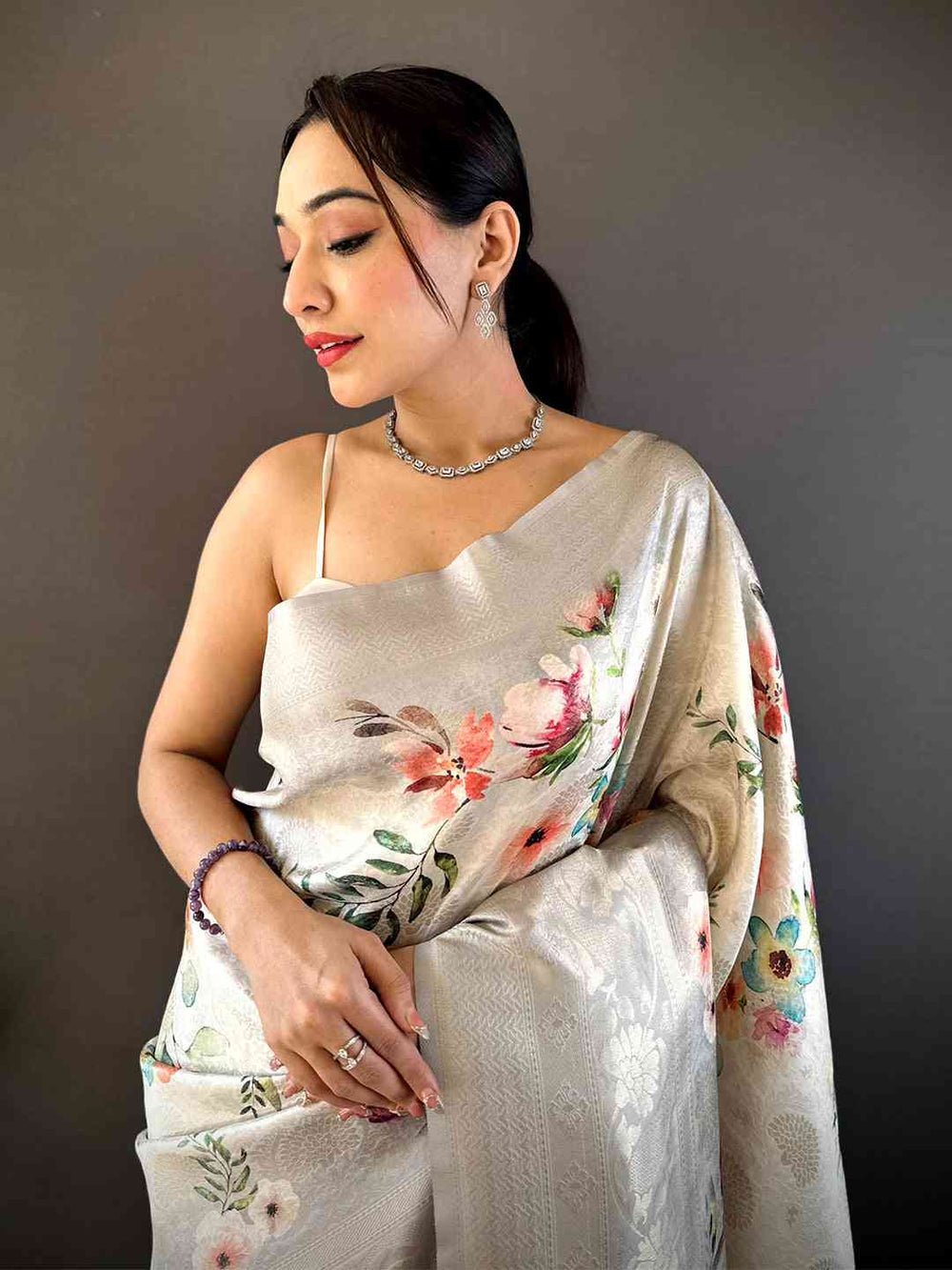 Elegant Off White Floral Satin Silk Saree for Women