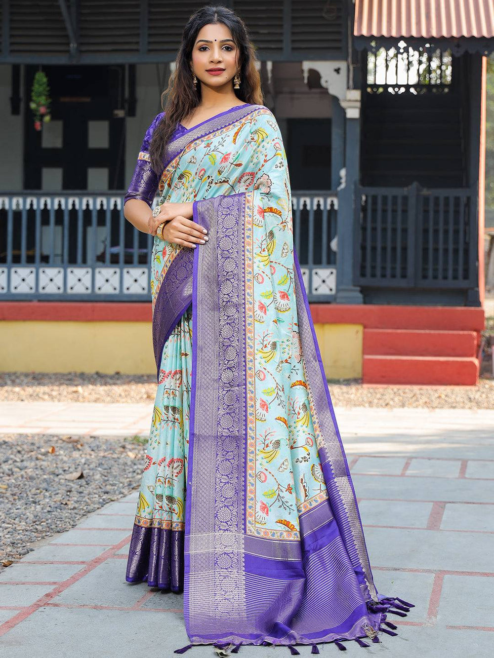 Sky Blue & Purple Banarasi Silk Saree for Women