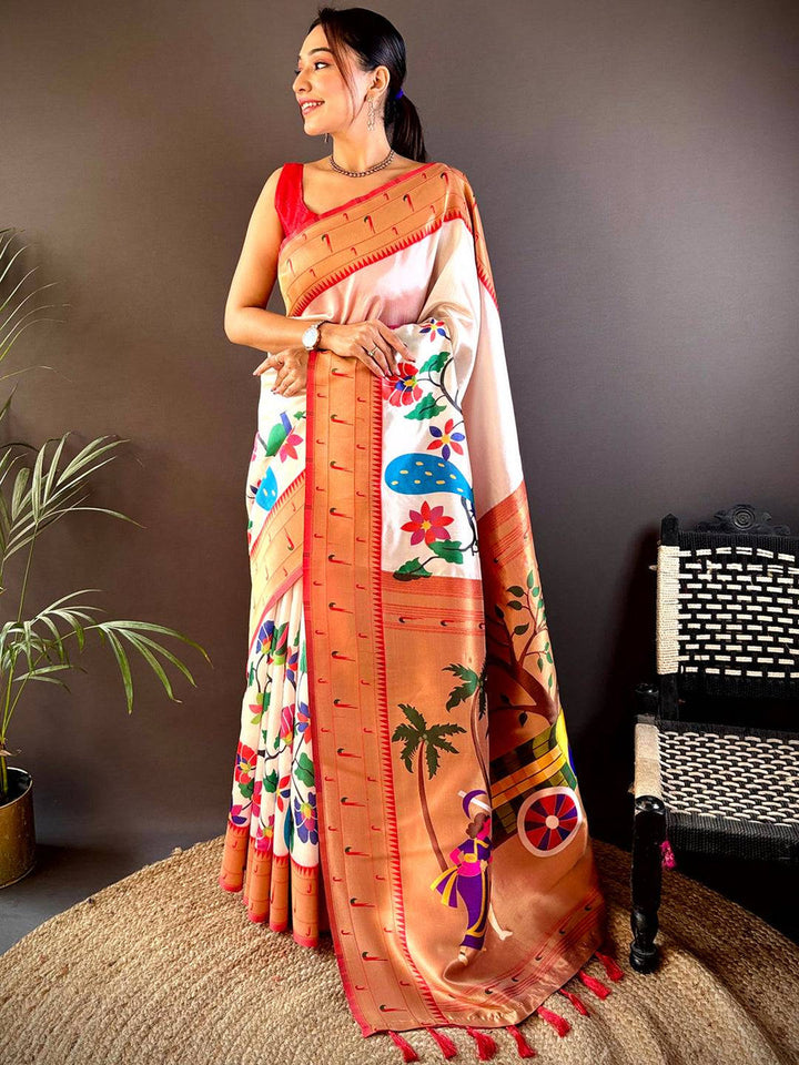 Cream & Orange Digital Printed Silk Saree for Women