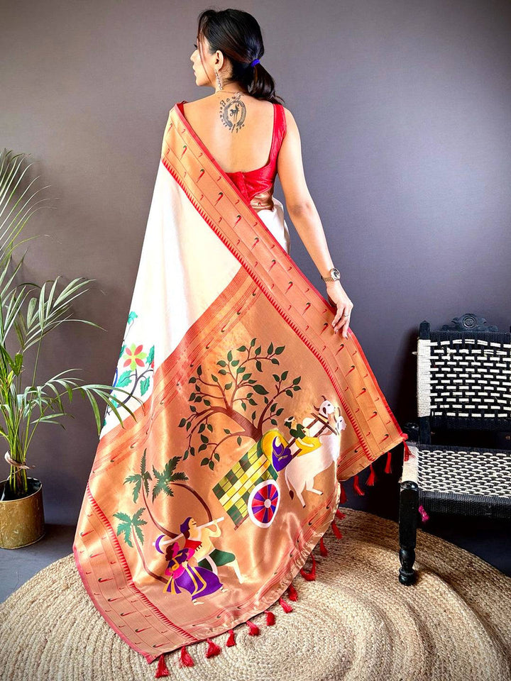 Cream & Orange Digital Printed Silk Saree for Women