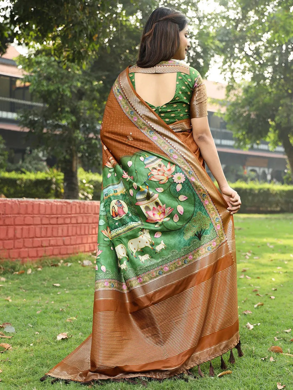 Brown & Green Banarasi Silk Saree for Women
