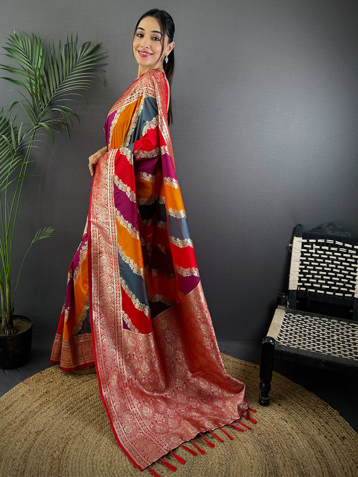 Multicolor Banarasi Silk Saree for Women with Rich Red Zari Border