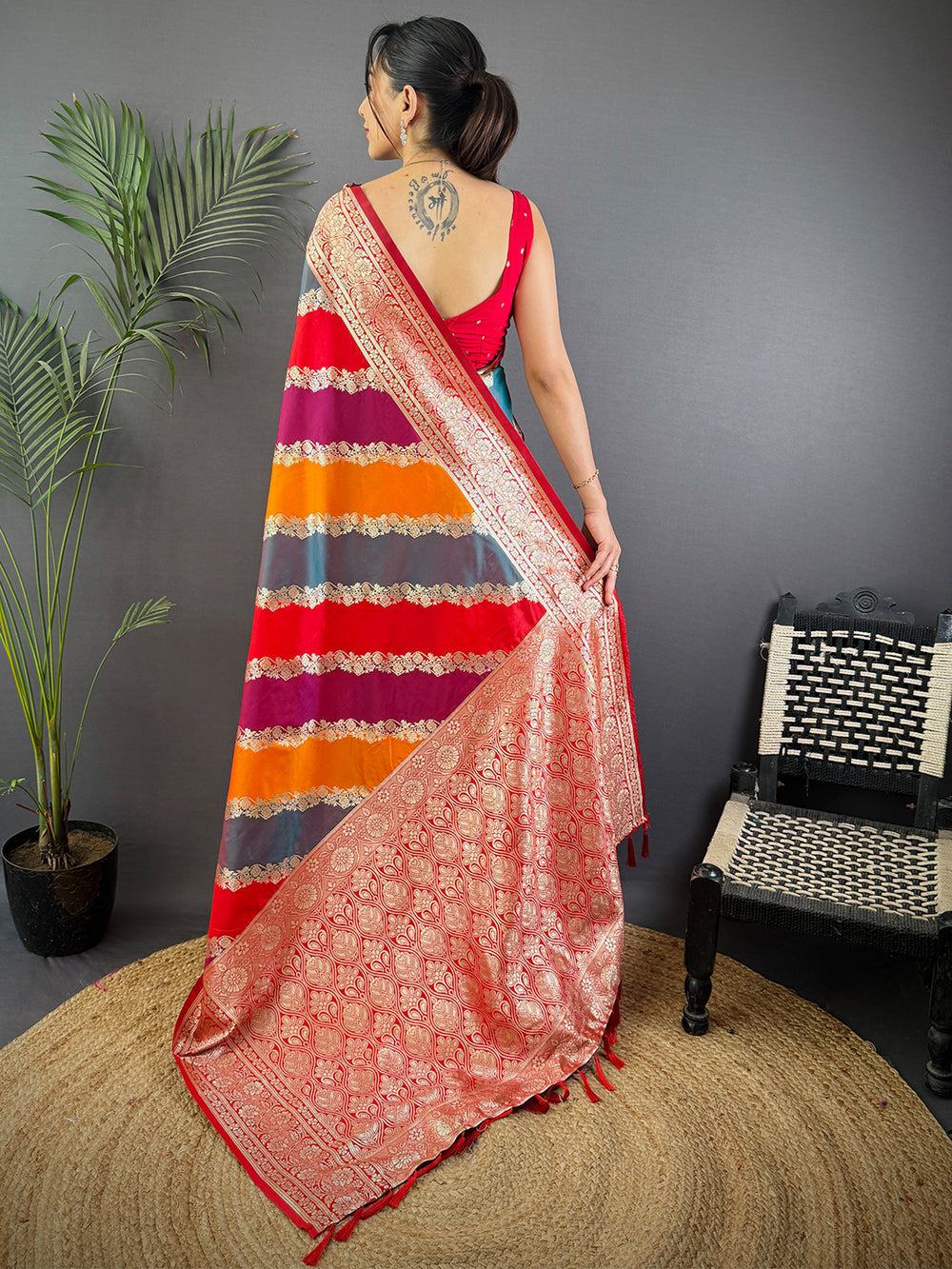 Multicolor Banarasi Silk Saree for Women with Rich Red Zari Border