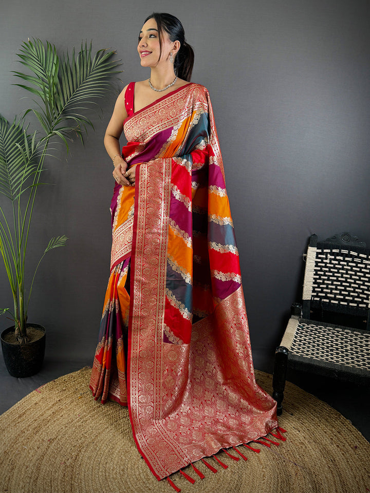 Multicolor Banarasi Silk Saree for Women with Rich Red Zari Border