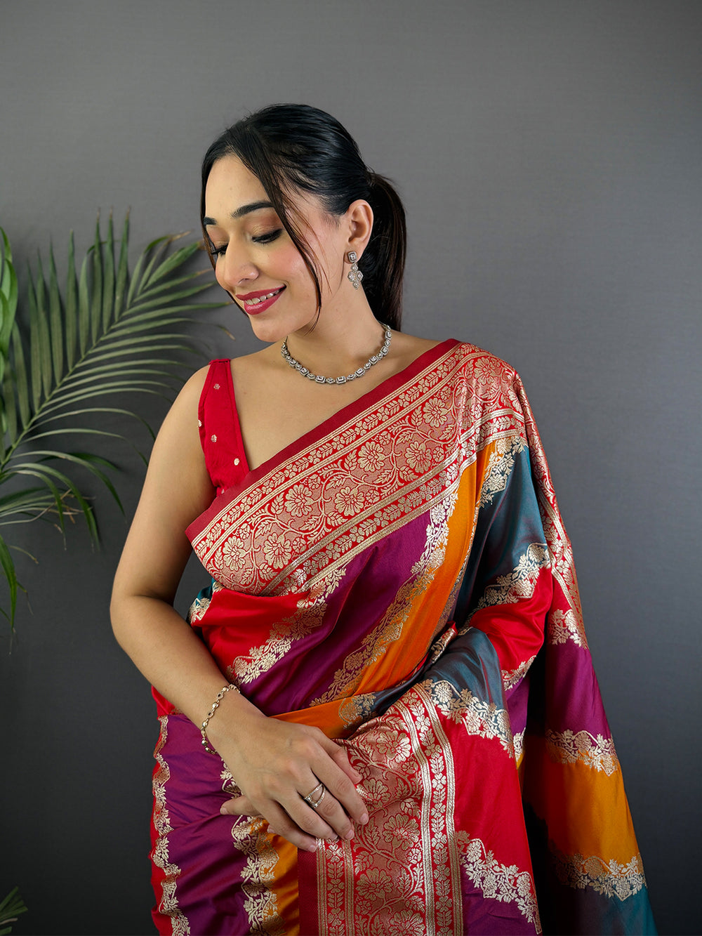 Multicolor Banarasi Silk Saree for Women with Rich Red Zari Border