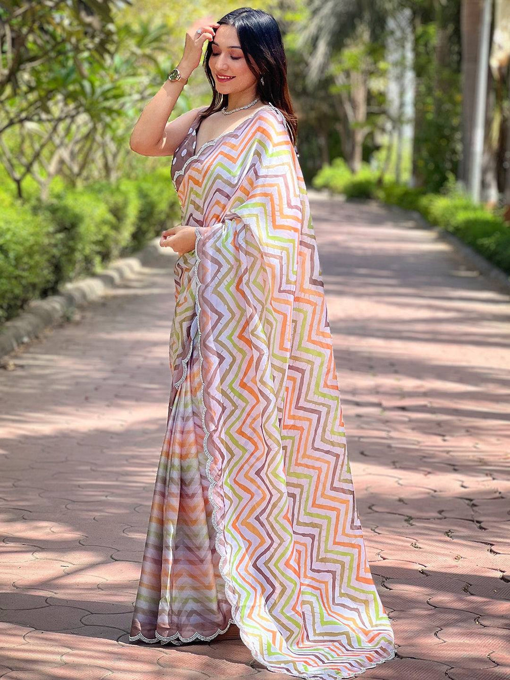 Pastel Multi Color Zigzag Printed Saree for Women with Scallop Lace Border
